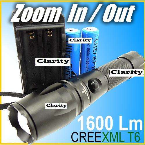 LED Adjustable focus/ Zoom 1600 LM lumen Brightest Torch Flashlight CREE XM-L T6 with charger lenser