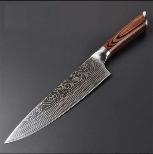 German Stainless Steel Chef Knife With Laser Etched Damascus Pattern