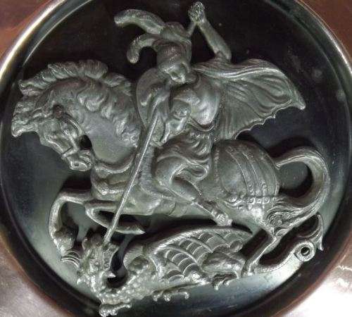 RARE ST. GEORGE SLAYING THE DRAGON PEWTER ON COPPER WALL PLAQUE from SUEZYT