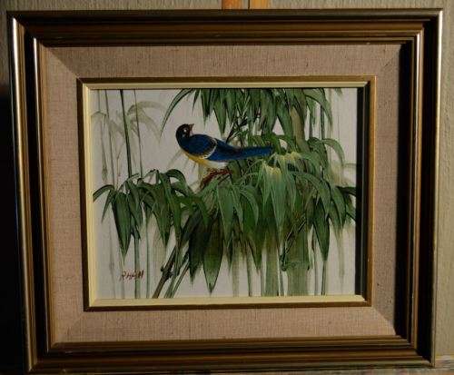 PRETTY BIRD IN A BAMBOO TREE - SIGNED R HALL - FRAMED - from SUEZYT
