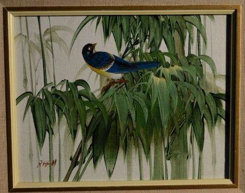 PRETTY BIRD IN A BAMBOO TREE - SIGNED R HALL - FRAMED - from SUEZYT