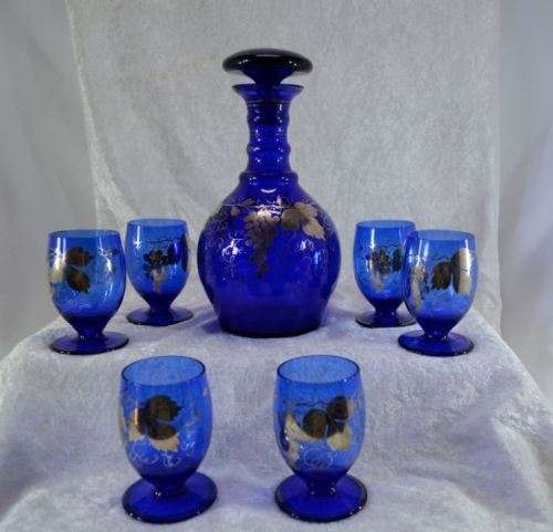 GOLD OVERLAY ON COBALT BLUE GLASS DECANTER SET - from SUEZYT