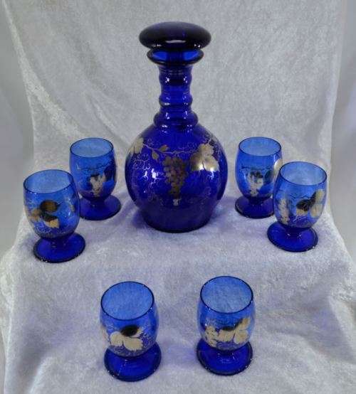 GOLD OVERLAY ON COBALT BLUE GLASS DECANTER SET - from SUEZYT