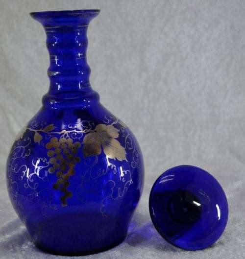 GOLD OVERLAY ON COBALT BLUE GLASS DECANTER SET - from SUEZYT