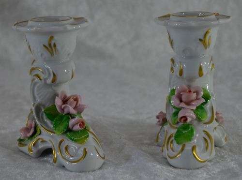 PAIR OF VINTAGE DRESDEN CANDLE HOLDERS WITH APPLIED FLOWERS - from SUEZYT