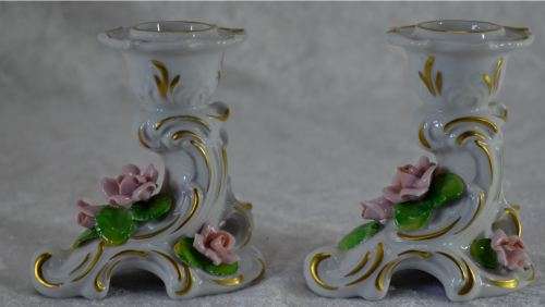 PAIR OF VINTAGE DRESDEN CANDLE HOLDERS WITH APPLIED FLOWERS - from SUEZYT