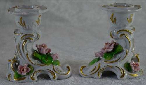 PAIR OF VINTAGE DRESDEN CANDLE HOLDERS WITH APPLIED FLOWERS - from SUEZYT
