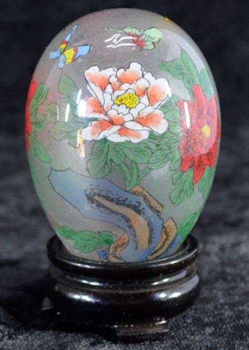 ORIENTAL REVERSE PAINTED GLASS EGG ON STAND - from SUEZYT