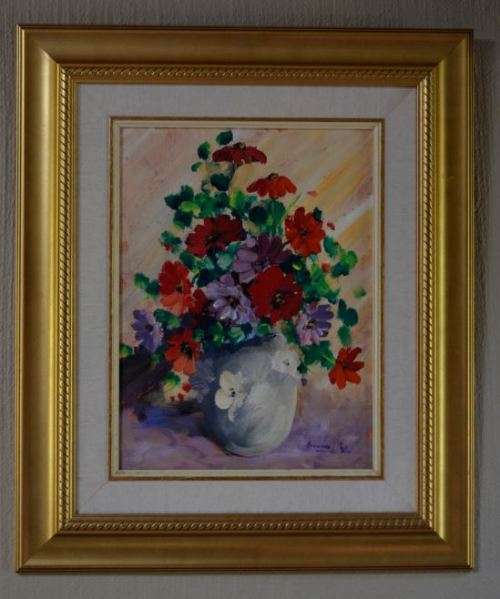 MAGNIFICENT FRAME - STILL LIFE WITH FLOWERS OIL ON BOARD - BRUNHILDE DU TOIT - from SUEZYT
