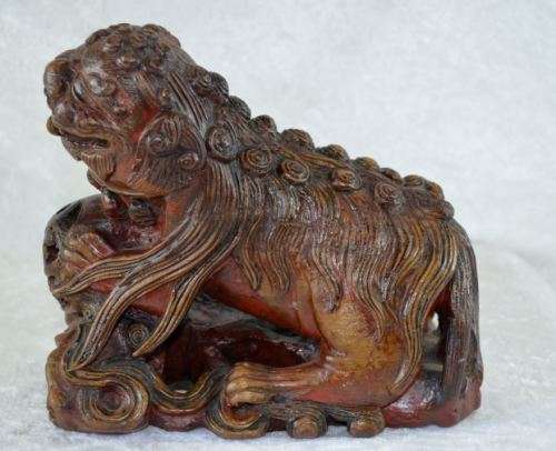 CHINESE CARVED WOODEN FOO DOG ROLLING BALL IN MOUTH - from SUEZYT