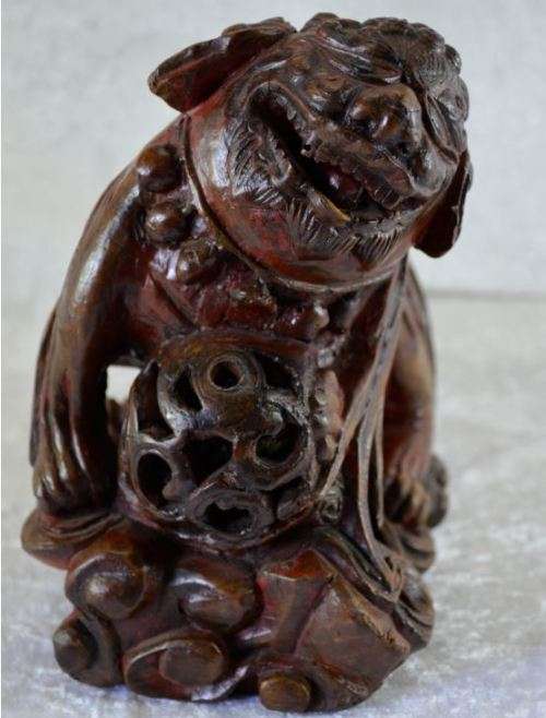 CHINESE CARVED WOODEN FOO DOG ROLLING BALL IN MOUTH - from SUEZYT