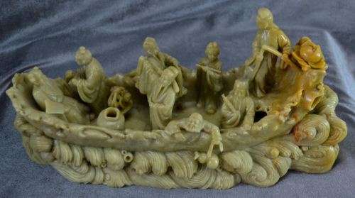 CARVED SOAPSTONE EIGHT CHINESE IMMORTALS ON A BOAT - from SUEZYT