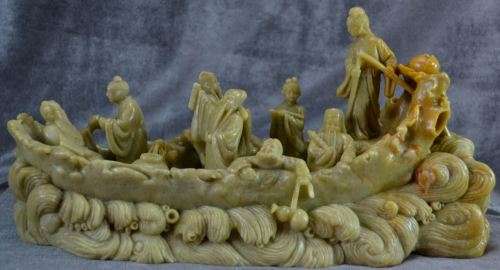 CARVED SOAPSTONE EIGHT CHINESE IMMORTALS ON A BOAT - from SUEZYT