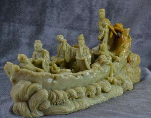 CARVED SOAPSTONE EIGHT CHINESE IMMORTALS ON A BOAT - from SUEZYT