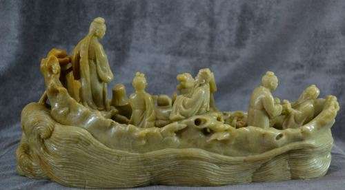 CARVED SOAPSTONE EIGHT CHINESE IMMORTALS ON A BOAT - from SUEZYT