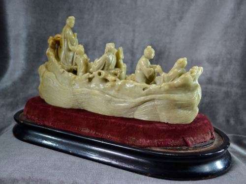 CARVED SOAPSTONE EIGHT CHINESE IMMORTALS ON A BOAT - from SUEZYT