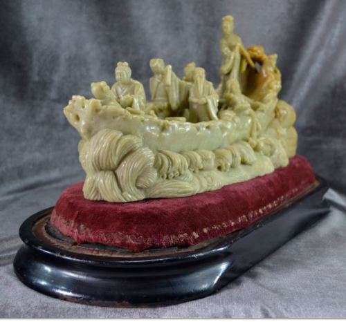 CARVED SOAPSTONE EIGHT CHINESE IMMORTALS ON A BOAT - from SUEZYT