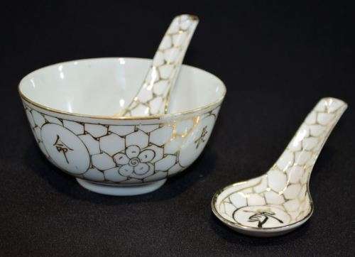 CHINESE PORCELAIN RICE DISH WHITE WITH GOLD GILT - from SUEZYT