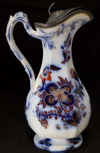 ANTIQUE FLOW BLUE PITCHER WITH PEWTER LID -  from SUEZYT