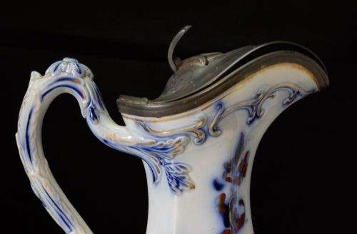 ANTIQUE FLOW BLUE PITCHER WITH PEWTER LID -  from SUEZYT