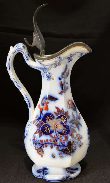 ANTIQUE FLOW BLUE PITCHER WITH PEWTER LID -  from SUEZYT