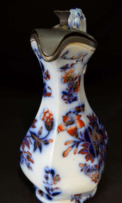 ANTIQUE FLOW BLUE PITCHER WITH PEWTER LID -  from SUEZYT