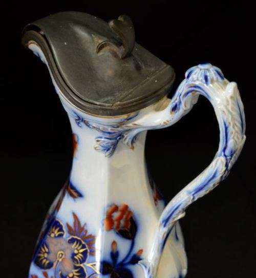 ANTIQUE FLOW BLUE PITCHER WITH PEWTER LID -  from SUEZYT