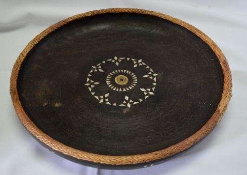 CHINESE HAND CARVED WOOD BOWL WITH MOTHER-OF-PEARL AND CHINESE COIN - from SUEZYT