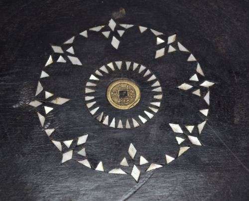 CHINESE HAND CARVED WOOD BOWL WITH MOTHER-OF-PEARL AND CHINESE COIN - from SUEZYT
