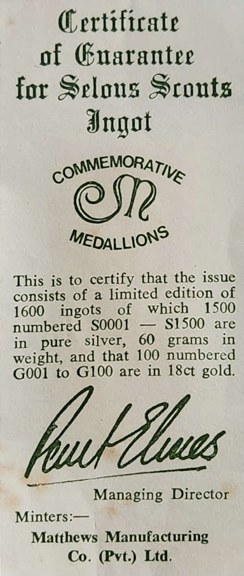 Selous Scouts SILVER Ingot 1979 Number 131 of 1600