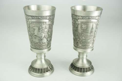 Pair of Zinn-Becker Stuttgart Hand Engraved Pewter German Goblets **Great Condition**