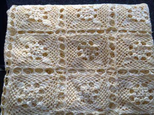 Pale yellow hand crochet bedspread / throw for single bed