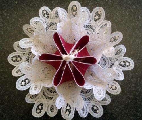 Vintage Battenburg lace bread roll holder with red centre