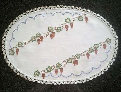 Lovely oval tray cloth hand embroidered with grapes