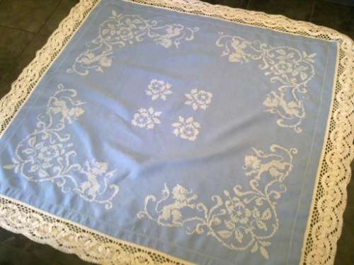 Stunning vintage blue linen hand cross stitched tablecloth