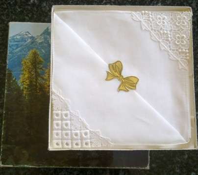 Two vintage lawn cotton Swiss hankies in box
