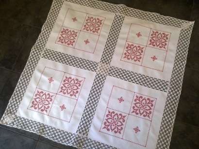 Beautiful cross stitch and lace small tablecloth / centre piece