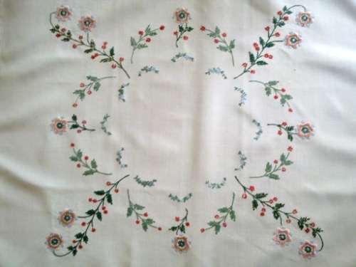 White linen hand embroidered small tablecloth / centre piece