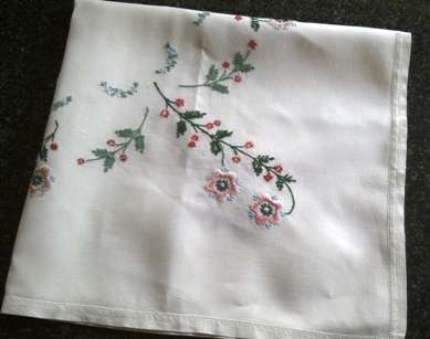 White linen hand embroidered small tablecloth / centre piece