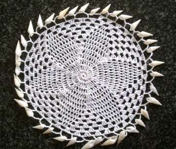 Pretty white cotton crochet doilie / jug cover with shell edging 22cm