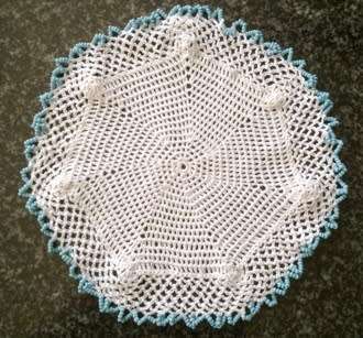 Vintage glass beaded cotton crochet doilie with pale blue seed beads