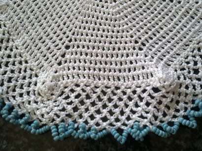 Vintage glass beaded cotton crochet doilie with pale blue seed beads