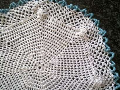 Vintage glass beaded cotton crochet doilie with pale blue seed beads