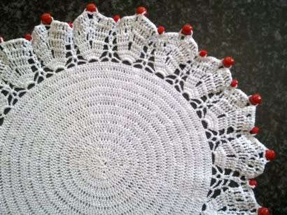 Vintage glass beaded doilie with red glass beads