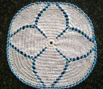 Unusual vintage filet crochet glass beaded doilie 19cm