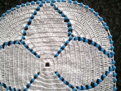 Unusual vintage filet crochet glass beaded doilie 19cm