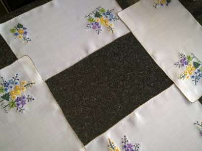 Elegant vintage fine linen hand embroidered placemats x 5