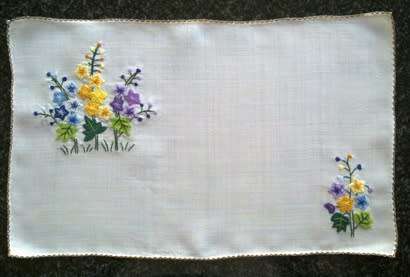 Elegant vintage fine linen hand embroidered placemats x 5