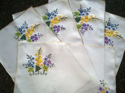 Elegant vintage fine linen hand embroidered placemats x 5