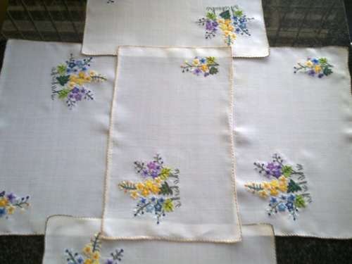 Elegant vintage fine linen hand embroidered placemats x 5